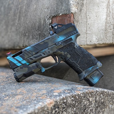 Glock 19 With Turquoise & Black Multicam, Custom Layout, and Stippling 